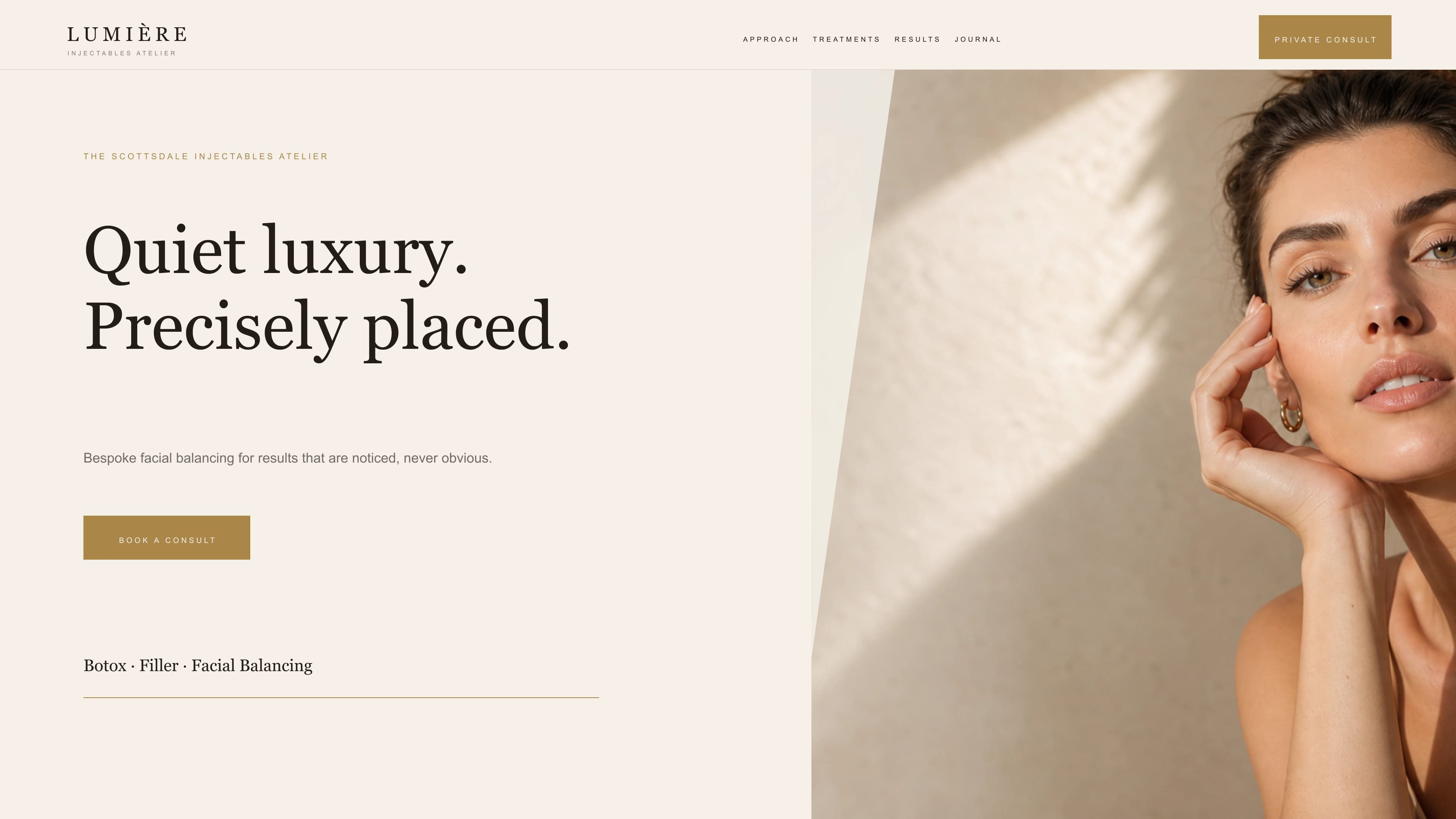 Lumière Aesthetics editorial injectables atelier homepage with asymmetric portrait hero